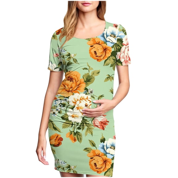 Taqqpue Women's Maternity Dress Short Sleeve Crew Neck Bodycon Wedding Guest Pregnancy Dresses Printed Fitted Stretch Maternity Clothes Summer Boho Baby Shower Photoshoot