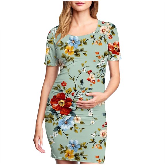 Taqqpue Women's Maternity Dress Short Sleeve Crew Neck Bodycon Wedding Guest Pregnancy Dresses Printed Fitted Stretch Maternity Clothes Summer Boho Baby Shower Photoshoot