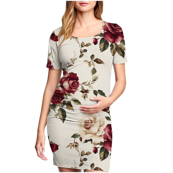 Taqqpue Women's Maternity Dress Short Sleeve Crew Neck Bodycon Wedding Guest Pregnancy Dresses Printed Fitted Stretch Maternity Clothes Summer Boho Baby Shower Photoshoot