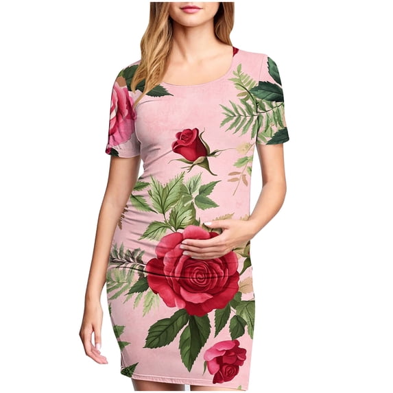 Taqqpue Women's Maternity Dress Short Sleeve Crew Neck Bodycon Wedding Guest Pregnancy Dresses Printed Fitted Stretch Maternity Clothes Summer Boho Baby Shower Photoshoot