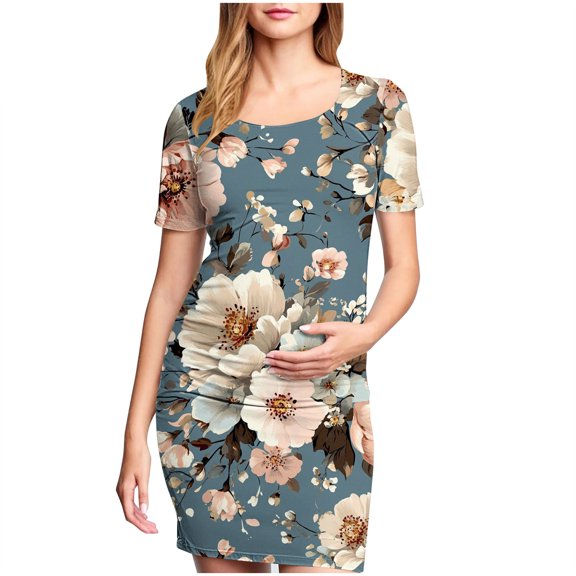 Taqqpue Women's Maternity Dress Short Sleeve Crew Neck Bodycon Wedding Guest Pregnancy Dresses Printed Fitted Stretch Maternity Clothes Summer Boho Baby Shower Photoshoot
