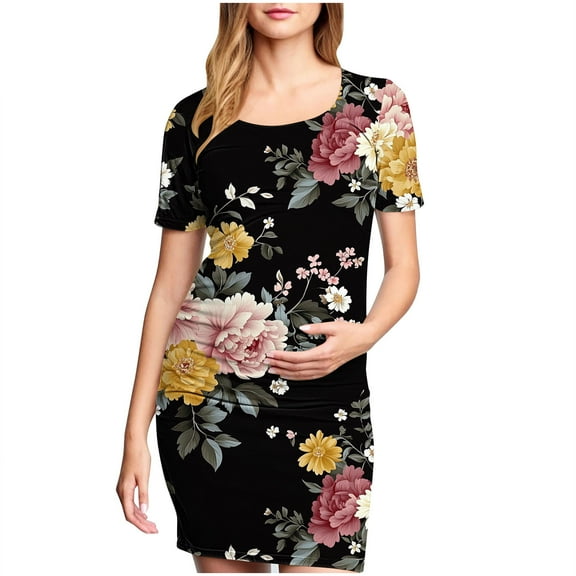 Taqqpue Women's Maternity Dress Short Sleeve Crew Neck Bodycon Wedding Guest Pregnancy Dresses Printed Fitted Stretch Maternity Clothes Summer Boho Baby Shower Photoshoot