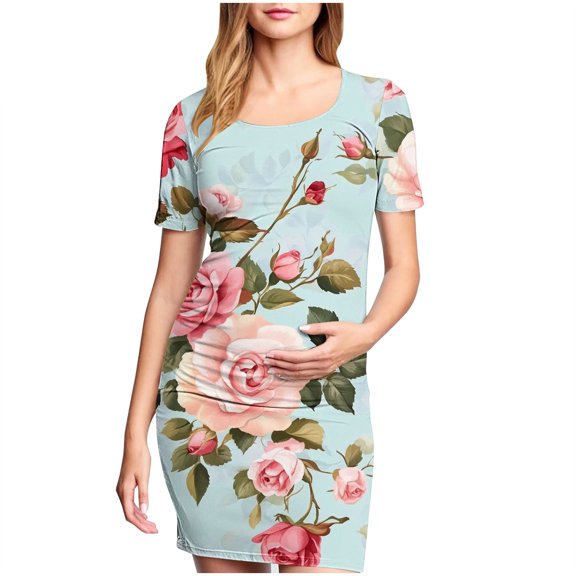 Taqqpue Women's Maternity Dress Short Sleeve Crew Neck Bodycon Wedding Guest Pregnancy Dresses Printed Fitted Stretch Maternity Clothes Summer Boho Baby Shower Photoshoot