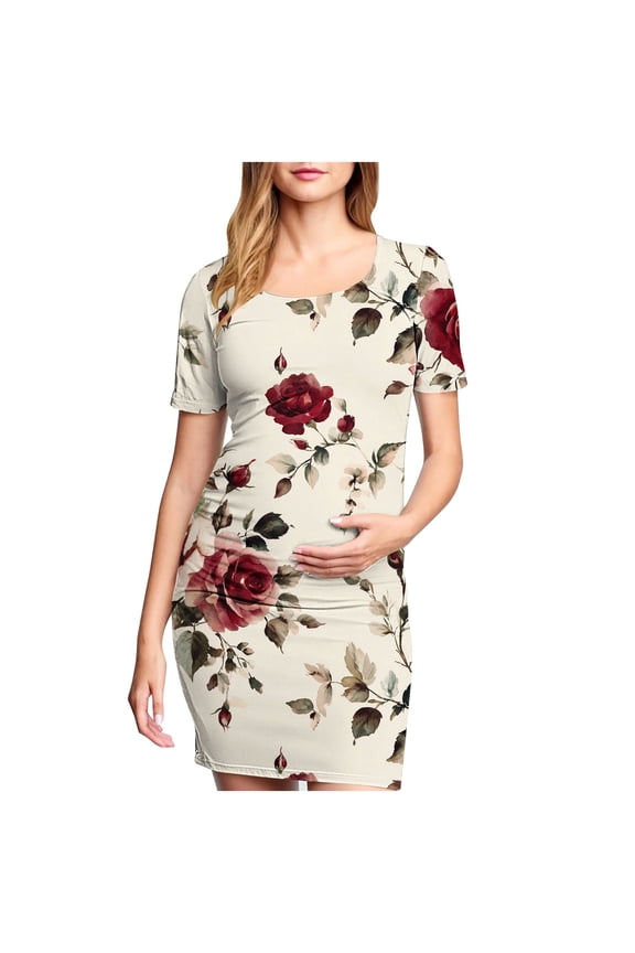 Women's Maternity Dress Short Sleeve Crew Neck Bodycon Wedding Guest Pregnancy Dresses Printed Fitted Stretch Maternity Clothes Summer Boho Baby Shower Photoshoot