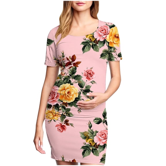 Taqqpue Women's Maternity Dress Short Sleeve Crew Neck Bodycon Wedding Guest Pregnancy Dresses Printed Fitted Stretch Maternity Clothes Summer Boho Baby Shower Photoshoot