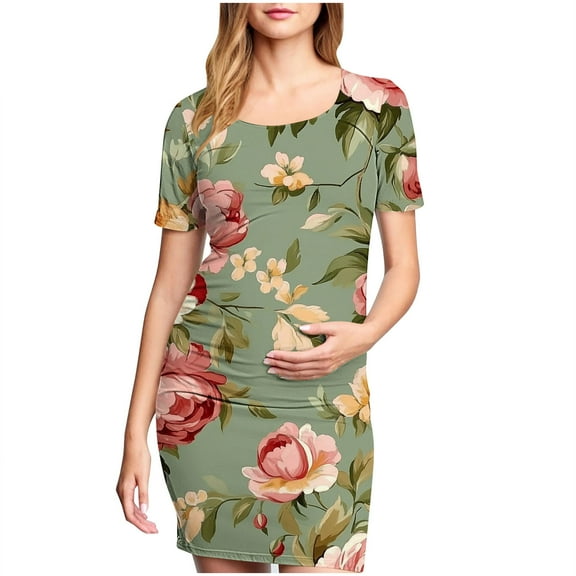 Taqqpue Women's Maternity Dress Short Sleeve Crew Neck Bodycon Wedding Guest Pregnancy Dresses Printed Fitted Stretch Maternity Clothes Summer Boho Baby Shower Photoshoot