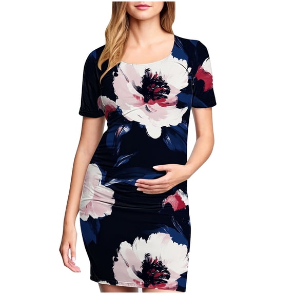 Taqqpue Women's Maternity Dress Short Sleeve Crew Neck Bodycon Wedding Guest Pregnancy Dresses Printed Fitted Stretch Maternity Clothes Summer Boho Baby Shower Photoshoot