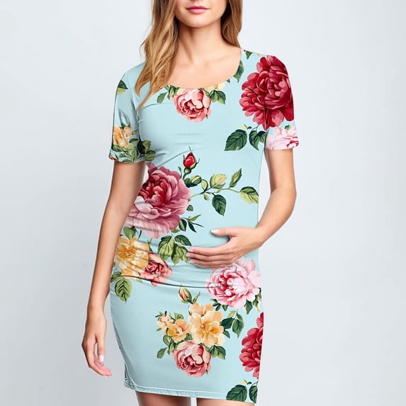 Taqqpue Women's Maternity Dress Short Sleeve Crew Neck Bodycon Wedding Guest Pregnancy Dresses Printed Fitted Stretch Maternity Clothes Summer Boho Baby Shower Photoshoot