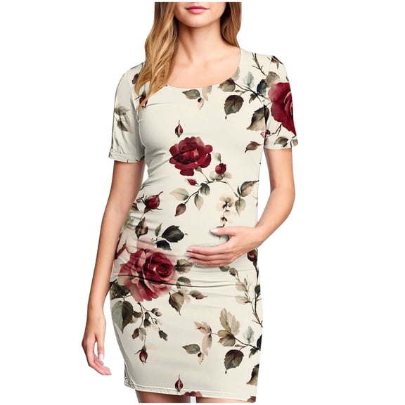 Taqqpue Women's Maternity Dress Short Sleeve Crew Neck Bodycon Wedding Guest Pregnancy Dresses Printed Fitted Stretch Maternity Clothes Summer Boho Baby Shower Photoshoot