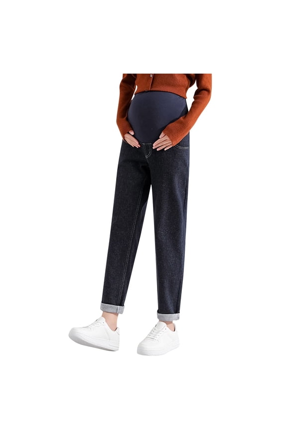 Women's Maternity Jeans Over Belly Comfy Stretch Baggy Jeans Loose Fit Oversize Pregnancy Pants for Women with Pockets