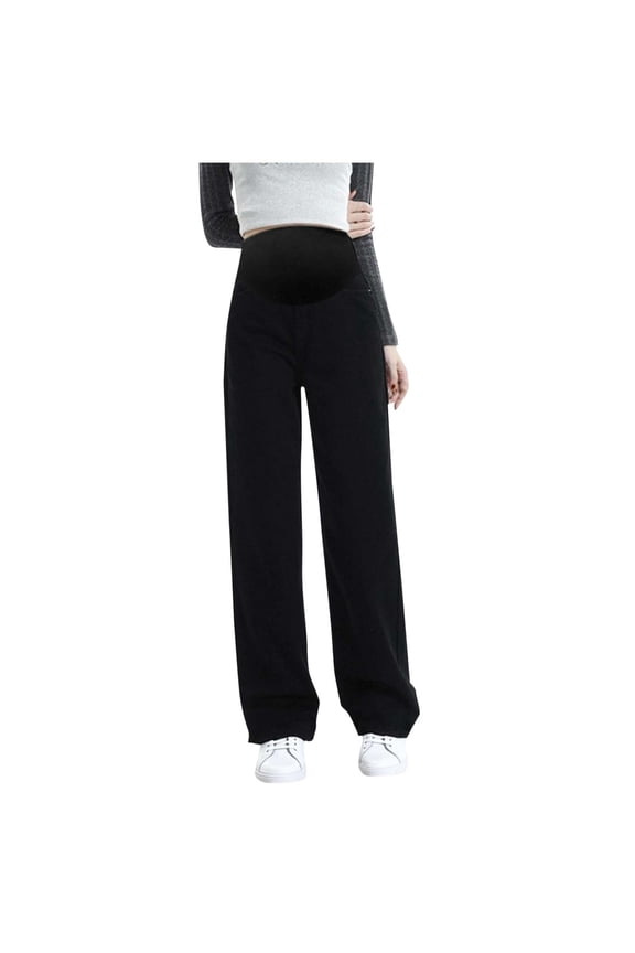 Women's Maternity Jeans Solid Color Straight Wide Leg Stretchy Pregnancy Jeans Comfy Belly Support Denim Work Pants with Pockets