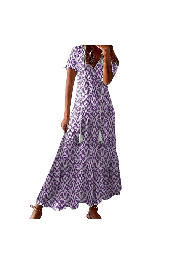 Women's Maxi Dress Plus Size Short Sleeve Sundress Casual Floral Bohemian Tiered Flowy Pleated A-Line Summer Long Dress Fall Holiday Boho Midi Dress Cocktail Wedding Guest Dresses for Women