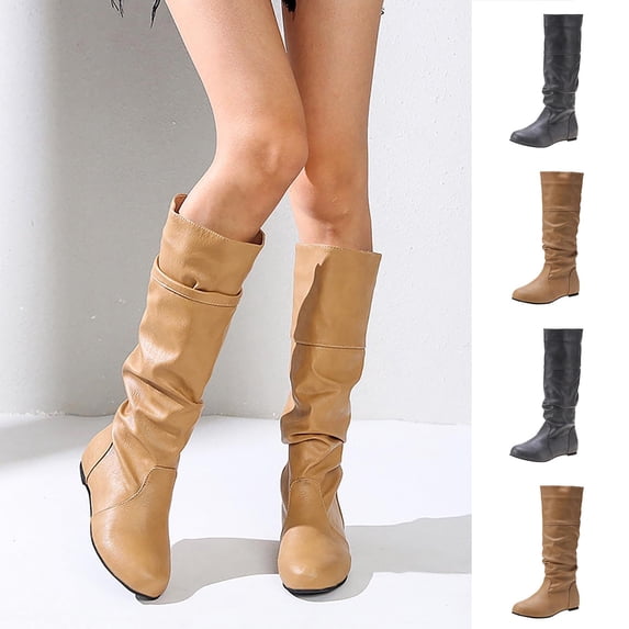 Taqqpue Women's Mid-Calf Boots Plus Size Solid Color Pleated Low Heel Comfortable Casual Pull On Boots for Women Size 5.5-11 Fashion Casual Shoes Fall Winter Footwear Comfortable