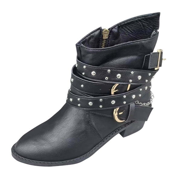Taqqpue Women's Mid Calf Boots,Round Toe Comfort Low Heel Slouchy Dress Booties with Buckle Strap Side Zipper