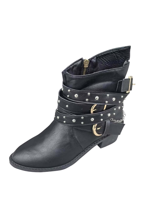 Women's Mid Calf Boots,Round Toe Comfort Low Heel Slouchy Dress Booties with Buckle Strap Side Zipper