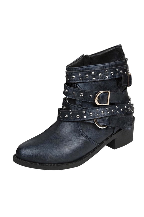 Women's Mid Calf Boots,Round Toe Comfort Low Heel Slouchy Dress Booties with Buckle Strap Side Zipper