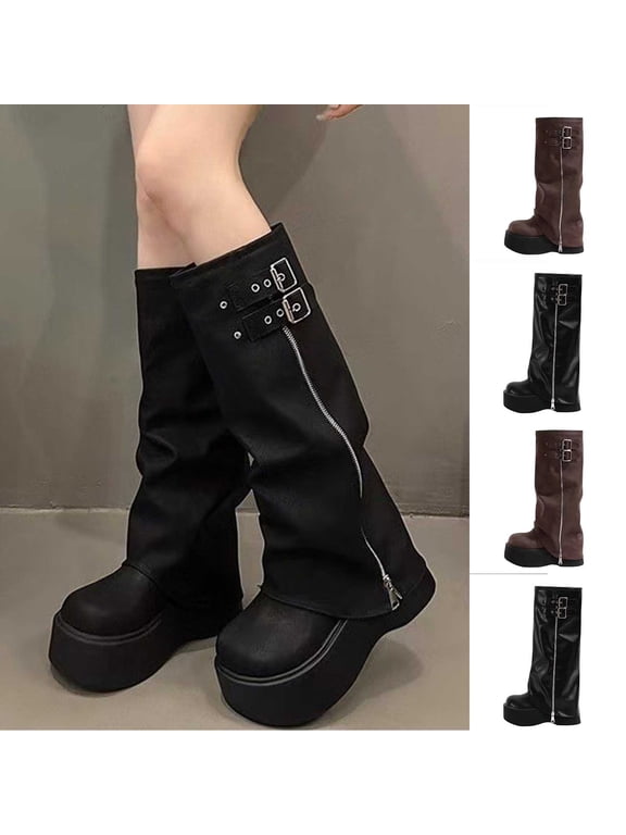 Women's Mid-Calf Boots Round Toe Side Zipper Height Increasing Platform Comfortable Casual Boots for Women Size 5-9 Fashion Casual Shoes Fall Winter Footwear Comfortable