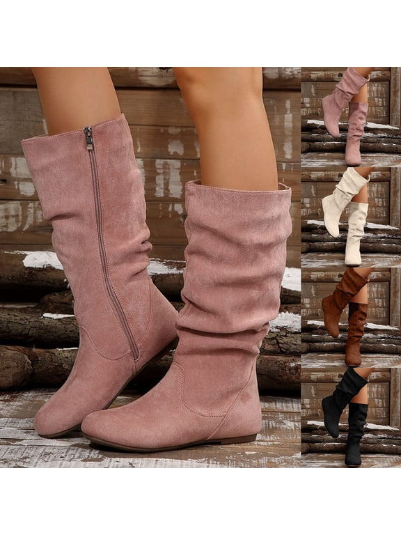 Women's Mid-Calf Boots Zipper Suede Flock Stacked Flat Heel Fall Fashion Trend Casual Comfortable Boots for Women Size 5.5-10.5 Fashion Casual Shoes Fall Winter Footwear
