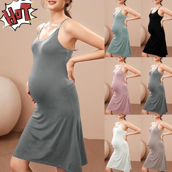 Taqqpue Women's Nursing Nightgown Maternity Dress Breastfeeding Gown Full Slips Sleepwear Casual Solid Color Sleeveless Maxi Dress for Women