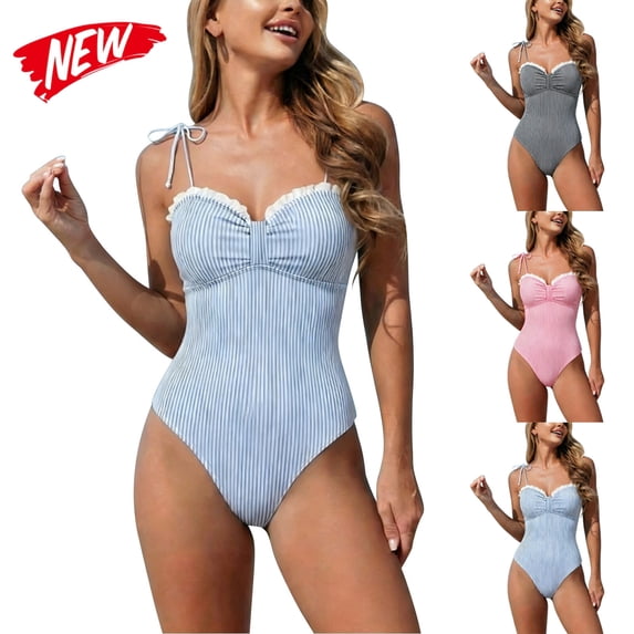 Taqqpue Women's One Piece Swimsuit Adjustable Strap Bathing Suit Stripe Print High Cut Swimsuits Women's Bathing Suit
