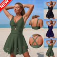 thumbnail image 1 of Taqqpue Women's One Piece Swimsuit Tummy Control Bathing Suit V Neck Sleevess Shell Stitched Swim Suit Slimming Swimwear Flowy Swin Beach Vacation A Line Dress for Women, 1 of 9