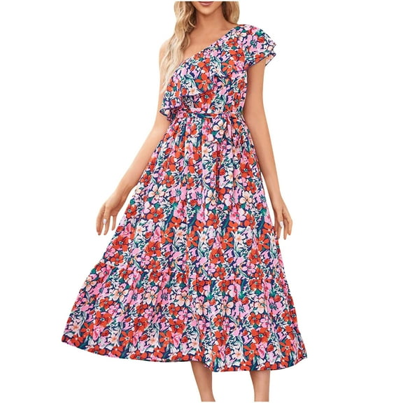 Taqqpue Women's One Shoulder Maxi Dress Casual High Waist A Line Flowy Tropical Print Beach Sundress Floral Ruffle Boho Vacation Wedding Guest Plus Size Long Dresses