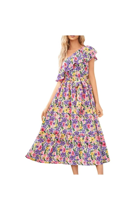 Women's One Shoulder Maxi Dress Casual High Waist A Line Flowy Tropical Print Beach Sundress Floral Ruffle Boho Vacation Wedding Guest Plus Size Long Dresses