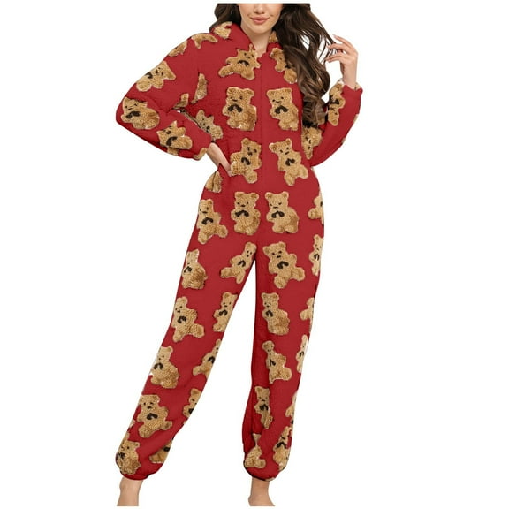 Taqqpue Women's Onesie Hooded Pajamas Fluffy Zipper Long Sleeve Fleece Jumpsuit Sleepwear