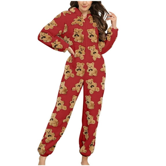 Taqqpue Women's Onesie Hooded Pajamas Fluffy Zipper Long Sleeve Fleece Jumpsuit Sleepwear