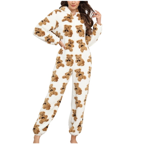 Taqqpue Women's Onesie Hooded Pajamas Fluffy Zipper Long Sleeve Fleece Jumpsuit Sleepwear