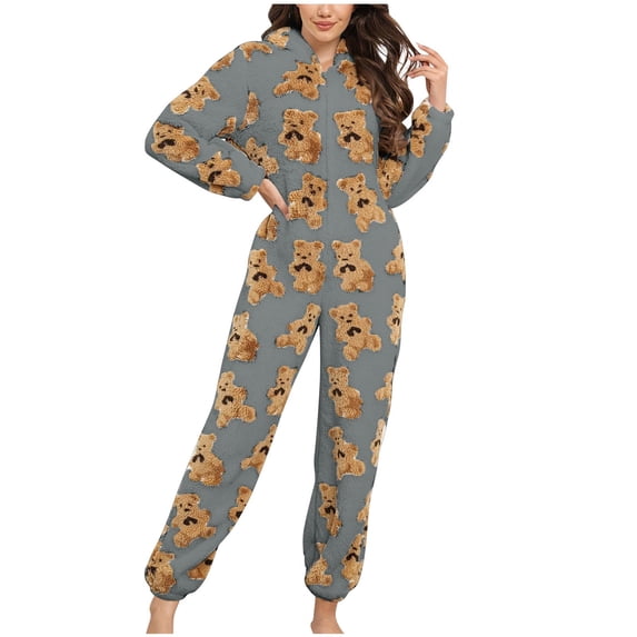 Taqqpue Women's Onesie Hooded Pajamas Fluffy Zipper Long Sleeve Fleece Jumpsuit Sleepwear