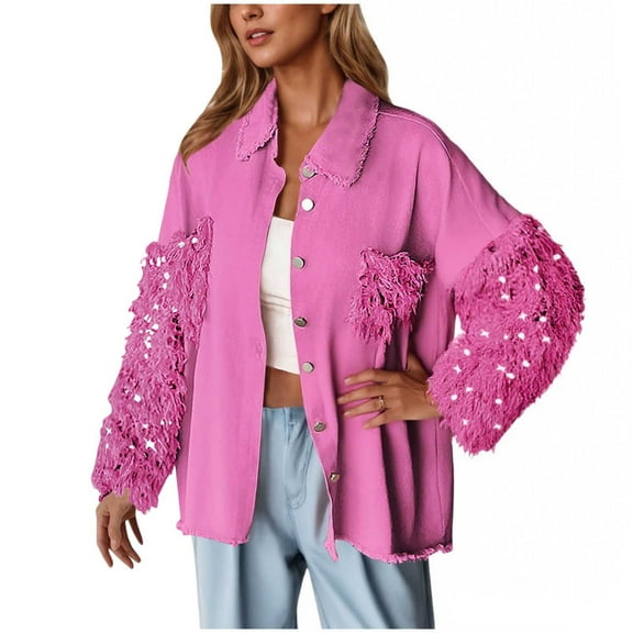 Taqqpue Women's Oversized Jacket Casual Sequin Patchwork Long Sleeve Jacket Top Button Front Shirts Plus Size Denim Jacket for Women with Pockets