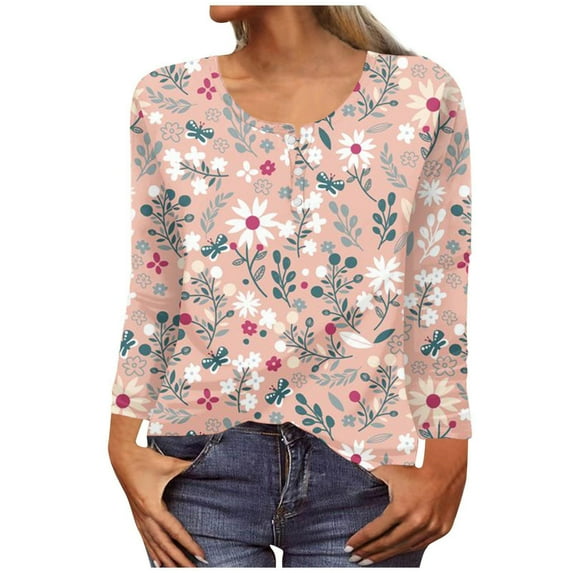 Taqqpue Women's Plus Size 3/4 Sleeve Tunic Tops Casual Crewneck Button Shirts Comfy Loose Floral Blouses Pullover Tops Oversized T-Shirts Trendy Tops Long Sleeve Shirts for Women