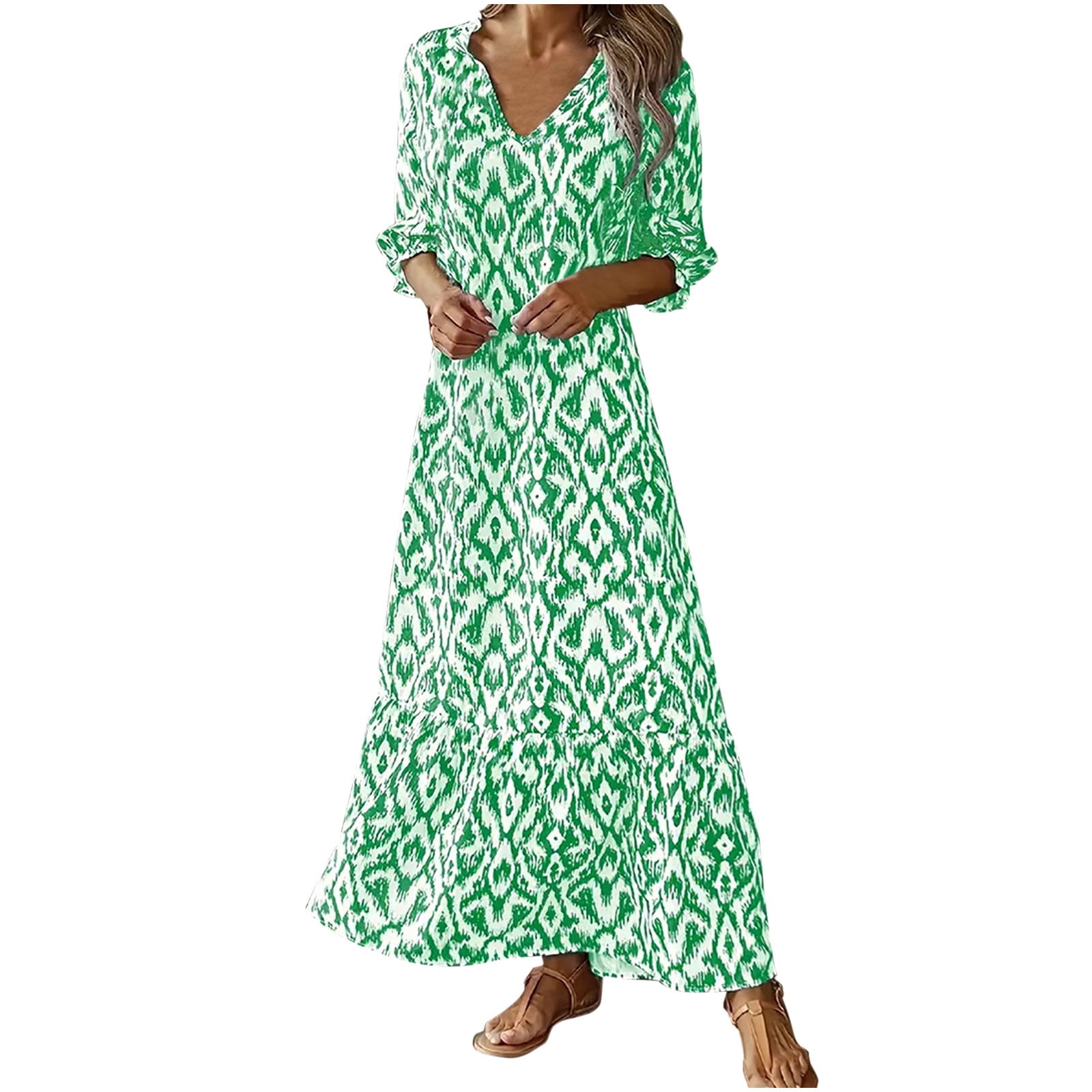 Plus Size Floral Prints O Neck Three-Quarter Sleeve Pleated Dress