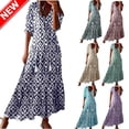 thumbnail image 1 of Taqqpue Women's Plus Size 3/4 Sleeve V Neck Maxi Dress Casual Floral Bohemian Tiered Flowy Pleated A-Line Summer Long Dress Fall Holiday Boho Midi Dress Cocktail Wedding Guest Dresses for Women S-5XL, 1 of 8