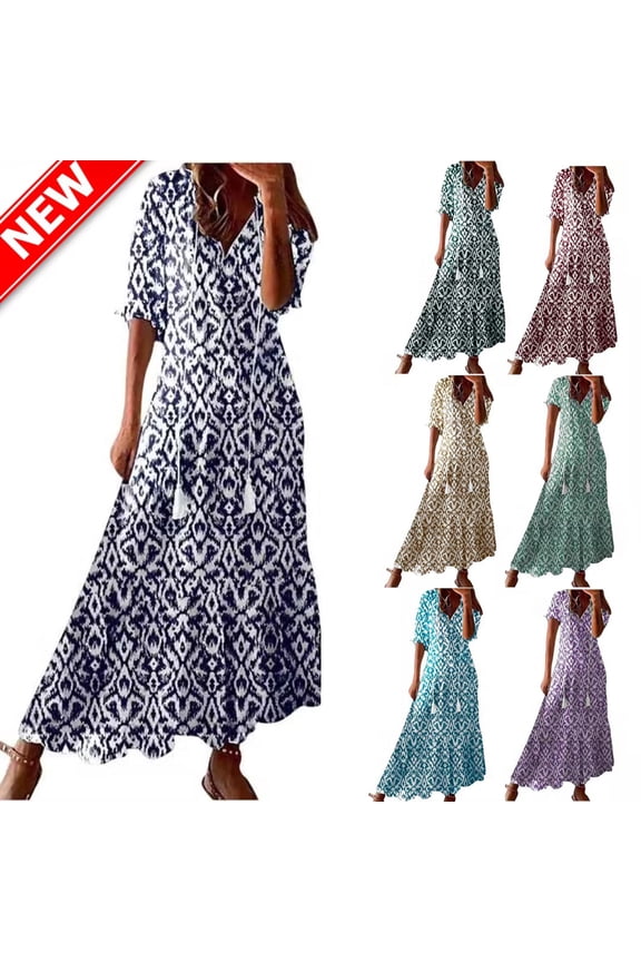 Women's Plus Size 3/4 Sleeve V Neck Maxi Dress Casual Floral Bohemian Tiered Flowy Pleated A-Line Summer Long Dress Fall Holiday Boho Midi Dress Cocktail Wedding Guest Dresses for Women S-5XL