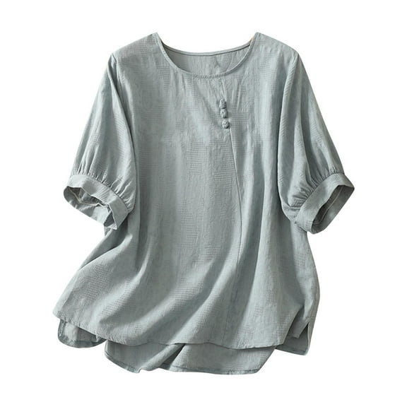 Taqqpue Women's Plus Size Cotton Linen Tops Summer Floral Printed 3/4 Sleeve V-neck T Shirts Casual Loose Fit Soft Flowy Blouse Tops