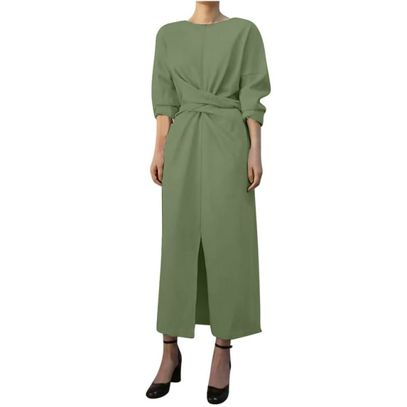 Taqqpue Women's Plus Size Long Sleeve Round Neck Maxi Dress Casual Twist Front Solid Color Split Hem Cotton Linen Loose Midi Dress Cocktail Formal Dress Wedding Guest Dresses for Women