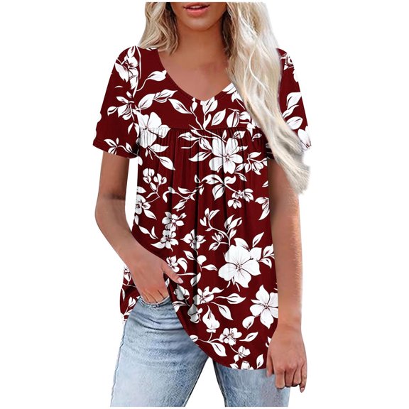 Taqqpue Women's Plus Size Shirts Flowy Summer Tops Pleated Tunics Short Sleeve Floral Printed V Neck Loose Fit Oversized Shirts