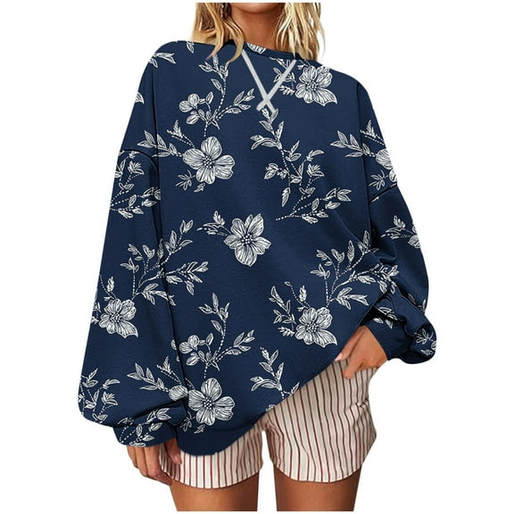 Taqqpue Women's Plus Size Sweatshirts Casual Floral Printed Long Sleeve Crew Neck Pullover Tops Fall Loose Fit Oversized T Shirts for Women