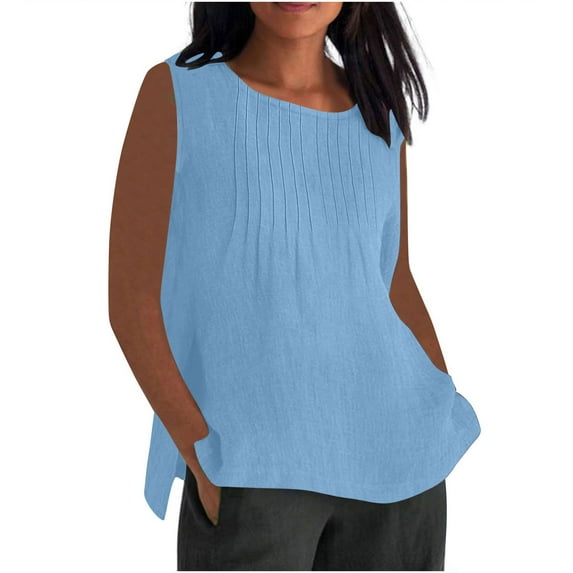 Taqqpue Women's Plus Size Tank Tops Pleated Scoop Neck Loose Fit Summer Shirts Cotton LinenCasual Short Sleeve Tops Split Trendy Lightweight Blouse Banded Bottom S-5XL