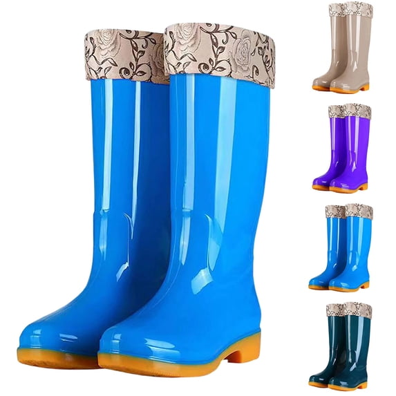Taqqpue Women's Rain Boots Plus Size Knee High Fleece Lined Warm Thick Sole Mid Heel Waterproof Long Boots for Women Size 5-10.5 Non-Slip Waterproof Garden Shoes Outdoor Wet Weather