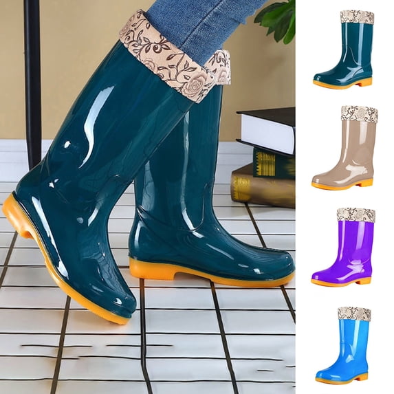 Taqqpue Women's Rain Boots Plus Size Mid-Calf Fleece Lined Warm Thick Sole Mid Heel Waterproof Boots for Women Size 5-10.5 Non-Slip Waterproof Garden Shoes Outdoor Wet Weather