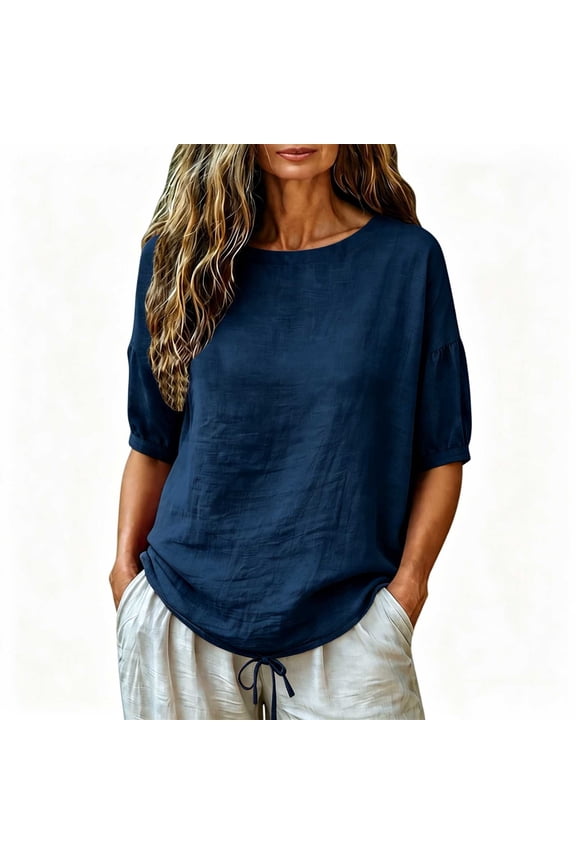 Women's Round Neck Puff 3/4 Sleeve Drawstring Hem Cotton Linen Casual Blouse Tops