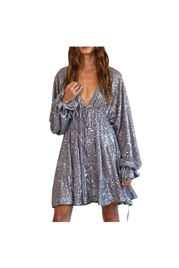 Women's Sequin Sparkly Party Dress 2025 Plus Size Long Sleeve V Neck Tiered Cocktail Dress Glitter Club Dress Flowy Swing Mini Dress
