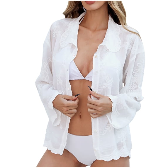 Taqqpue Women's Shirt Collar Series Casual Loose Embroidered Button Long Sleeved Cardigan Top SUmmer Beach Vacation Swimsuit Cover Ups