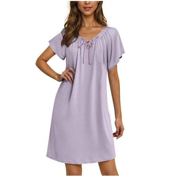 Taqqpue Women's Short Sleeve Nightgown Cotton Solid Color Scoop Neck Sleepwear Nightdress Casual Loose Drawstring Knee Length Dress Sleepshirt for Sleeping