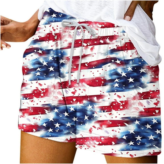 Taqqpue Women's Shorts 4th July Patriotic Shorts Independence Day American USA Flag Printed Shorts Lightweight Elastic Waist Drawstring Summer Casual Shorts
