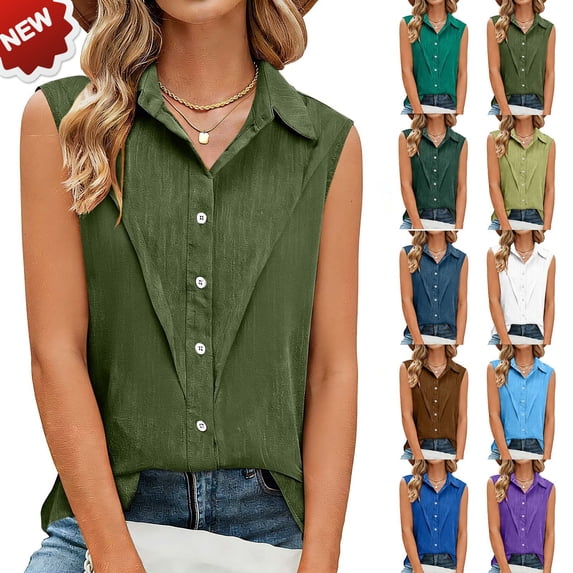 Taqqpue Women's Sleeveless Button Down Shirts Blouses Casual Loose V Neck Tank Tops Casual Solid Color Linen T Shirts for Work
