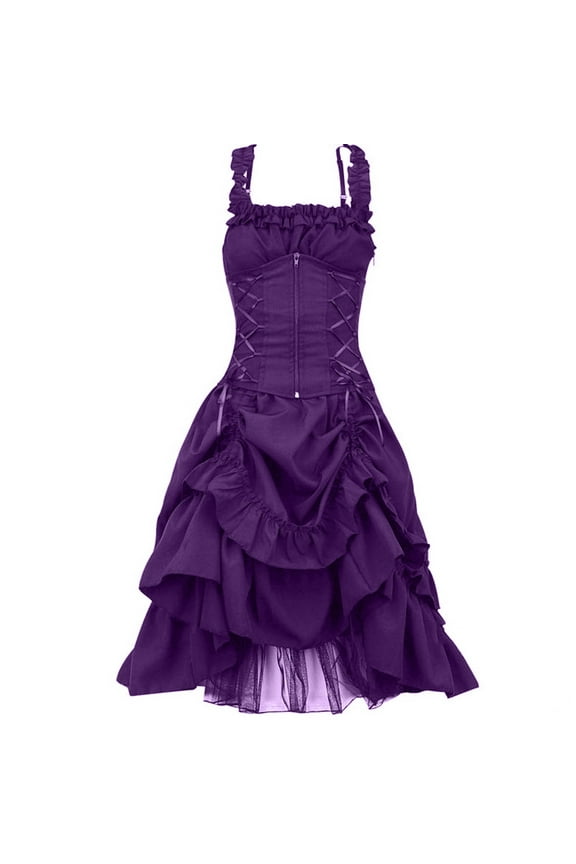Women's Sleeveless Gothic Dress Vintage Steampunk Court Princess Dress Strappy Layers Dress Zipper Corset Square Neck Ruffled Lace Evening Party Cocktail Dress Long Maxi Dress